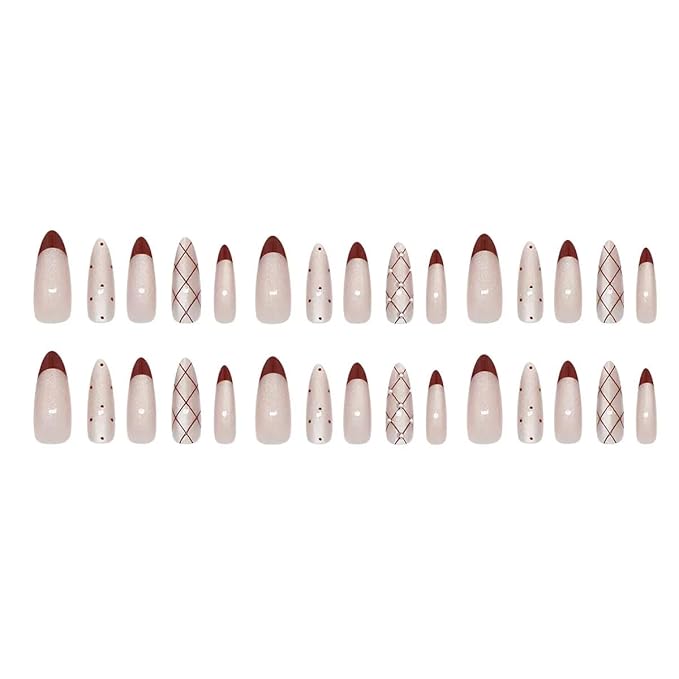 Press On Nails,Long Almond Red Glitter French Fake Nails for Women,30pcs with Jelly Glue,Reusable, Perfect for Holiday Parties or Gifts