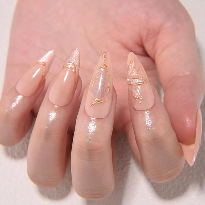 evpct 3D Cat Eye Press on Nails Medium Almond with Gold Line Design, Nude French Tip Stick on Nail for Women Gift with Kit, Reusable Full Cover Soft Gel Press on Fake Nail with 3D Flower Floral Design