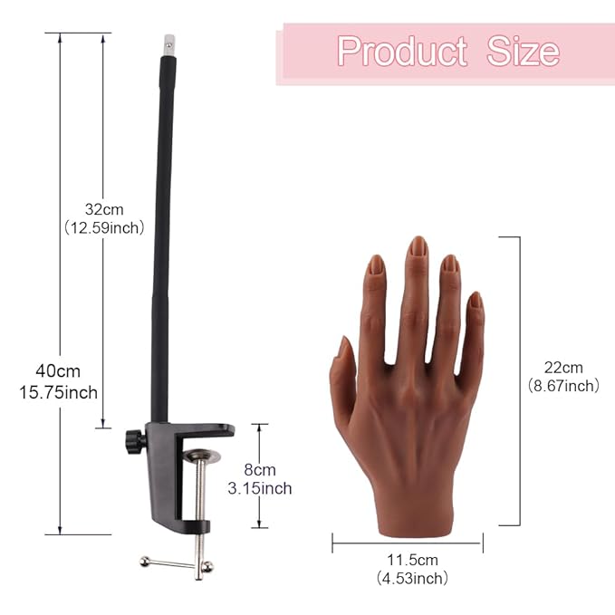 Silicone Practice Hand for Acrylic Nails, Mannequin Hands for Nails Practice with Adjustable Bracket, Life Size Fake Hand for DIY Nails/Nail Art Beginners/Nail Salon Artists
