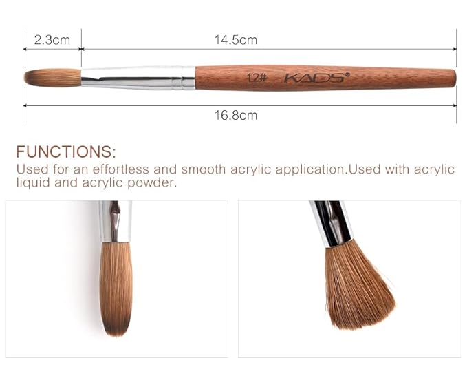 KADS Nail Acrylic Brush Kolinsky Nail Extension Brush Oval Crimped Shaped Sturdy Wooden Handle Acrylic Powder Nail Art Brush Professional Manicure Pedicure (12#)