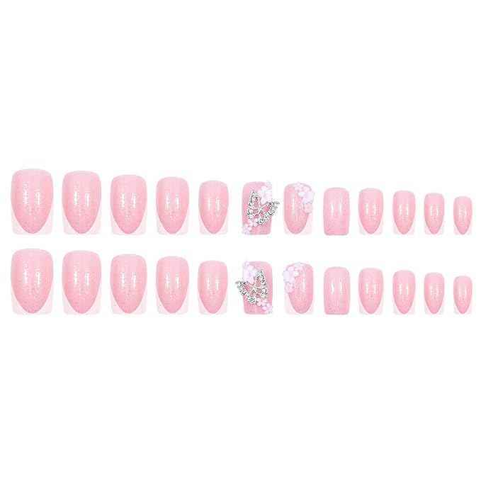 Square Press on Nails Medium Fake Nails with Designs 3D Flower Stick on Nail Butterfly Rhinestone Acrylic False Nail French Glossy Artificial Nail Full Cover Glue on Nails for Women
