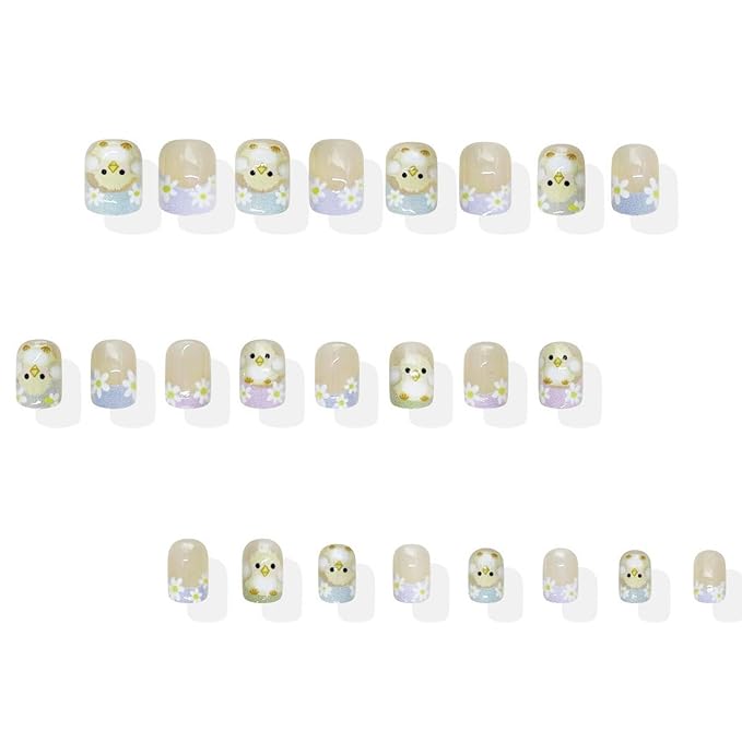 Easter Press on Nails Short Square Fake Nails with Cute Chick & Flower Design Pink French Tip False Nail Easter Spring Artificial Nails Full Cover Stick on Nail for Women Manicure Decoration 24 Pcs