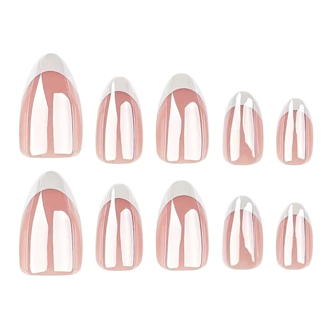 French Tip Press on Nails - Almond Fake Nails - with Designs Chrome False Nails Press ons - Medium Acrylic Glue on Nails Cute Artificial Stick on Nail for Women Manicure 24pcs