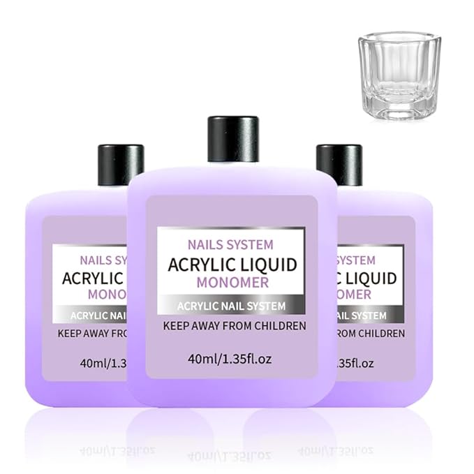 3P 40ml Acrylic Liquid Monomer Kit with Glass Cup – Strong Bond for Acrylic Powder & Nail Tips, Self-Leveling for Smooth Application Sculpting, Salon Quality for Nail Techs & Lovers with Glass Cup