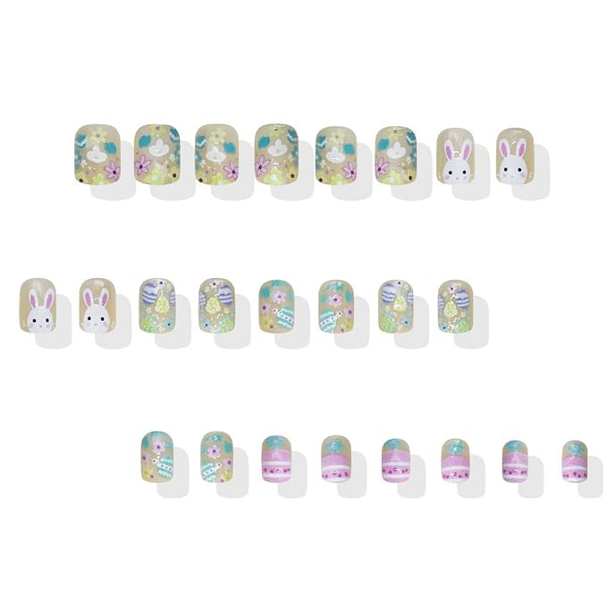 24 Pcs Easter Press on Nails Short Square Fake Nails with Easter Egg Designs Cute Bunny Acrylic Nail Colorful Flower Stick on Nails Full Cover Holiday Nail for Women Manicuare Art