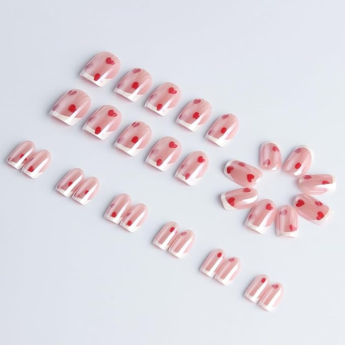 Valentines Press on Nails Short Square Fake Nails Chrome Nails Press ons with Red Love Heart Design Full Cover Stick on Nails for Women Manicure,Reusable | Glue Tabs | Easy Apply | 24Pcs