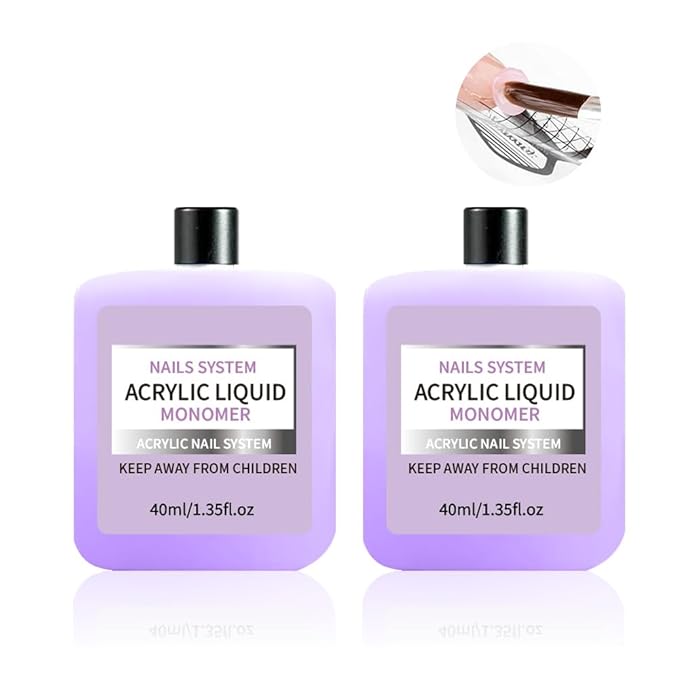 2Pcs 40ml Acrylic Liquid Monomer for Nail – Strong Bond for Acrylic Powder & Nail Tips, Self-Leveling for Smooth Application Sculpting, Salon Quality for Nail Techs & Lovers
