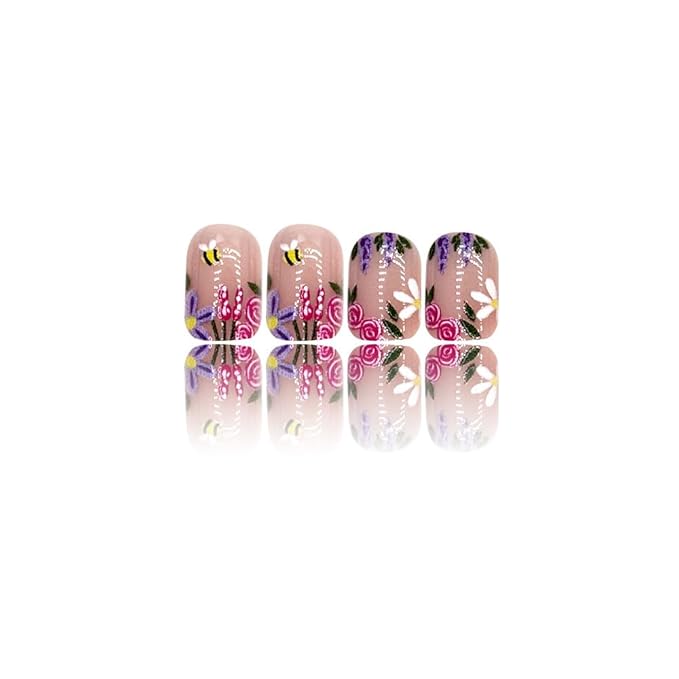 Purple Press on Nails Square Short Fake Nails Press ons Nail Tips Artificial Acrylic Kit Full Cover False Nails with Flower Leaves Glossy Design Stick on Nails for Women 24Pcs