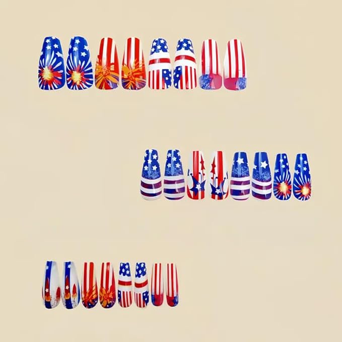 4th of July Press on Nails Medium Coffin Fake Nails with Blue Red White Designs Patriotic Coffin False Nails Full Cover Glossy Acrylic Stick on Nails Independence Day Glue on Nails for Women 24Pcs