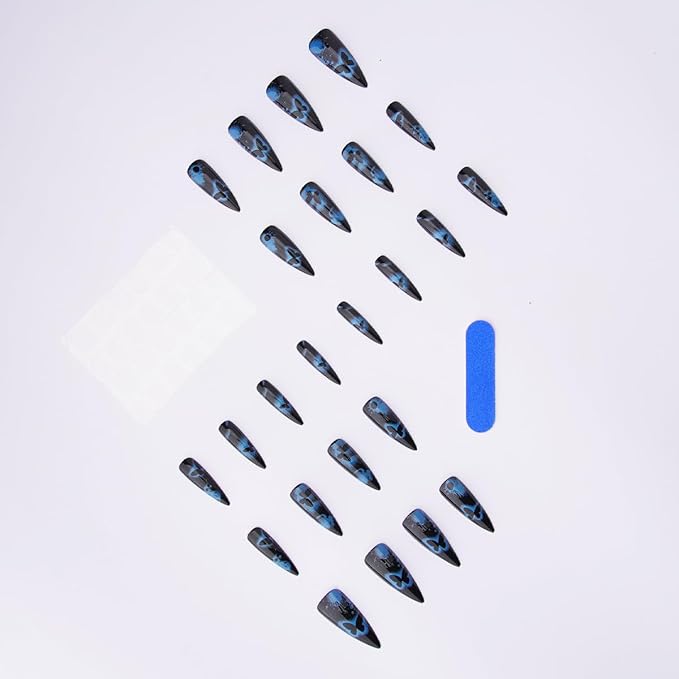 Halloween Fake Nail - Gothic Press on Nails | Long Stiletto False Nails with Blue Butterfly Designs,Full Cover Glossy Acrylic Nails,Stick on Nails for Women Girls Halloween Manicure 24Pcs