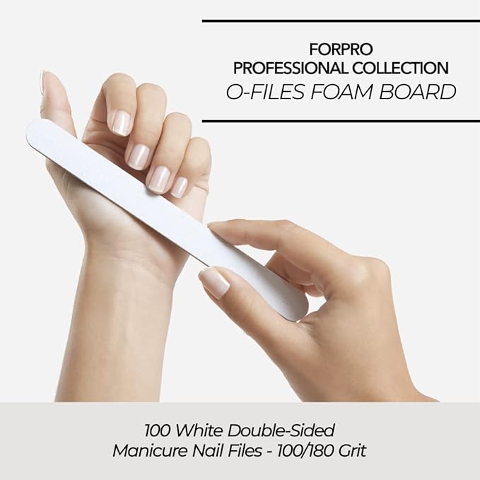 ForPro Professional Collection O-Files Foam Board, Double-Sided Manicure Nail File, 100/180 Grit, Individually-Wrapped, 6" L x .75" W, White, 100-Count