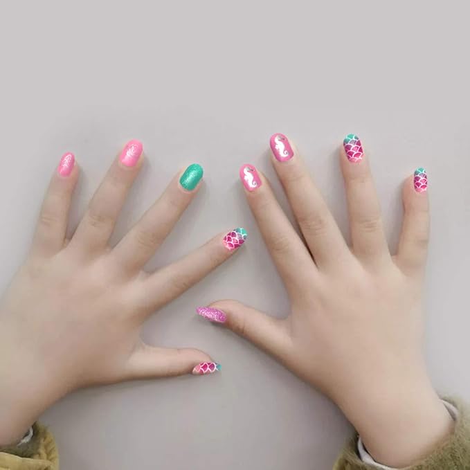 Allstarry 120pcs 5 pack Children Nails Press on Pre-glue Full Cover Glitter Gradient Color Rainbow Short False Nail Kits Lovely Gift for Children Little Girls Nail Art Decoration -Mermaid & Unicorn