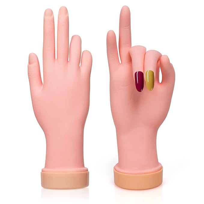 krofaue 2 Pack Right Hands Practice Nail Tips Art Trainer Training Hand Tool Flexible Bendable Movable Fake Mannequin Manicure Tool