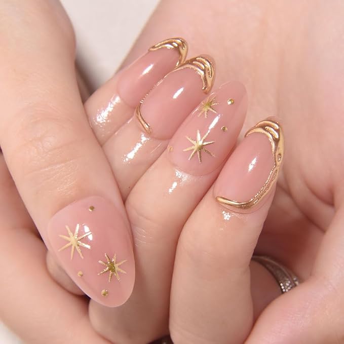 evpct 3D Gold Line French Tip Press On Nails Short Almond with Bohemia Star, Glitter Nude Gold Stick on Gel Nail with Designs, Handmade Press on Nails for Women Gift Reusable, Gel Acrylic Fake Nail