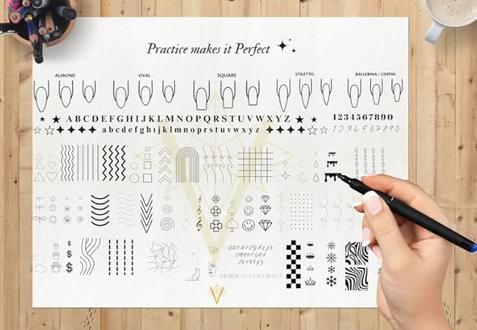 Gel & Acrylic Nail art Practice Sheet,Reusable Nail Art Training mat DIY Sticker Stencil Guide French Tip stiletto Nail Sculpting 3D Nail Design Worksheet Nail Tech Practice Gel X acrylic nails (3)