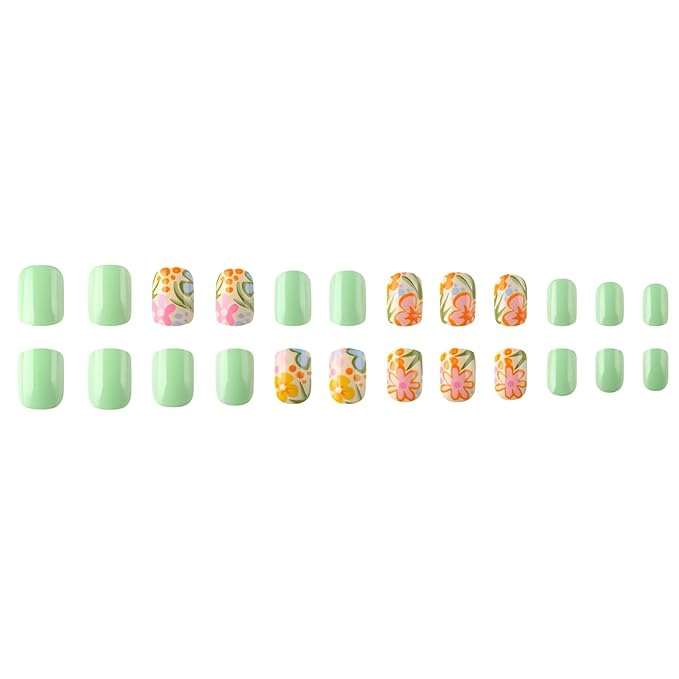 Flower Press on Nails Short Almond Fake Nails Colorful Flower Nails Press Ons Green False Nails Glossy Full Cover Glue on Nail Summer Spring Stick on Nail for Women Set Decorations Set 24Pcs