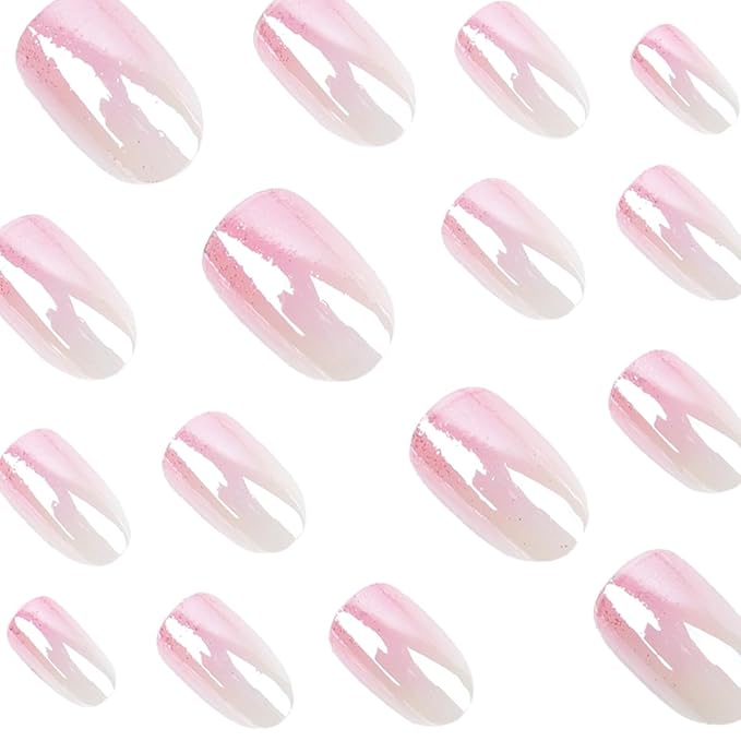 Short Press on Nails - Oval Fake Nails Ligth Pink Ombre Nails Press ons with Ombre Chrome Design, Glossy Acrylic Nails Full Cover Artificial Glue on Nails for Women Manicure 24Pcs