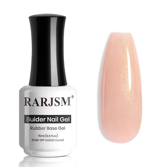 RARJSM Nude Glitter Rubber Base Gel Polish Melon Pink Rubber Base Gel for Nails Gold Shimmer Pigment Brush on Extend Builder Hard Gel Soak Off Curing Requires Single Bottle 15ml Salon Home DIY Use