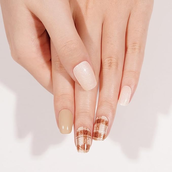 Semi-Cured Gel Nail Strips - 20 Salon-Quality Gel Sticker with UV Light Required, Long Lasting, Easy Application & Removal, Includes Prep Pad, Nail File, Wooden Stick – Cafe Charm