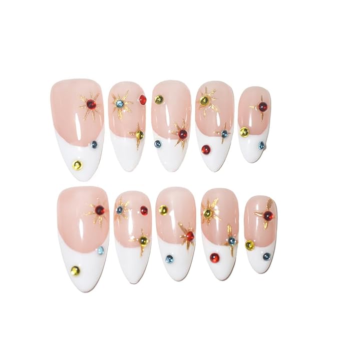 10Pcs Medium Almond Handmade Press On Nails | Nude Pink & White French Tip with Gold Starburst & Multicolor Rhinestone Decor | Reusable Salon-Quality Fake Nails for Women and Girls (L05, XS)