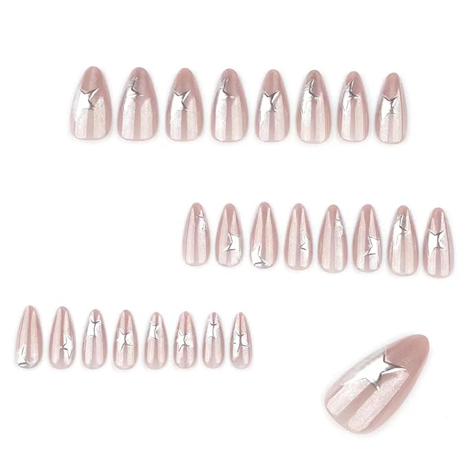 Almond Press on Nails Medium - Glitter Fake Nails with Sliver Star Design - Glossy Bling Full Cover Stick on False Nails for Women Manicure 24 Pcs