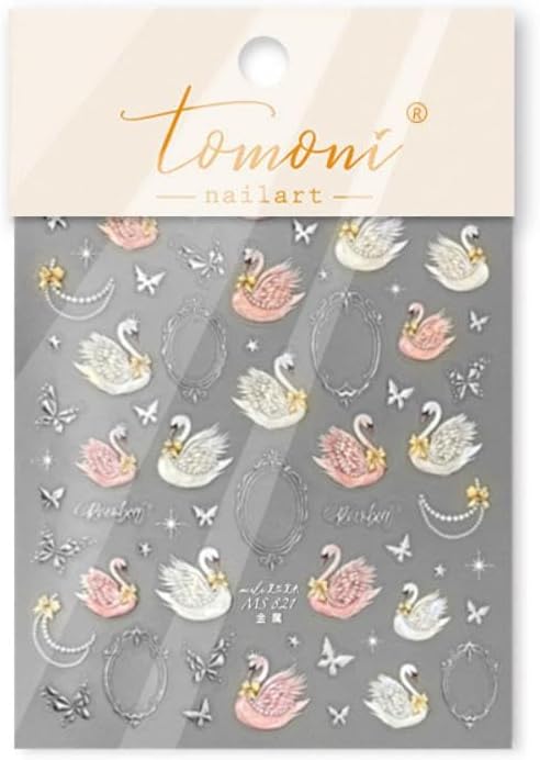 Swan Nail Stickers 5D Embossed Pink Animal Print Nail Art Stickers Self-Adhesive Yellow Bow Nail Decals Silver Butterfly Nail Designs Pearl Frame Nail Art Decoration for Women Manicure 1 Sheet