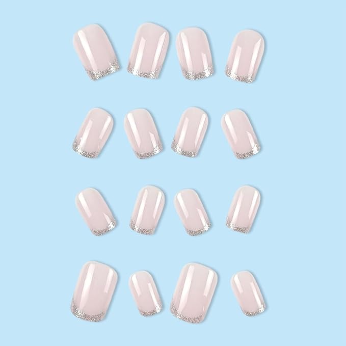 Press on Nails Square - Silver French Tip Fake Nails - Glossy Glitter Full Cover Stick on False Nails - for Women 24 Pcs