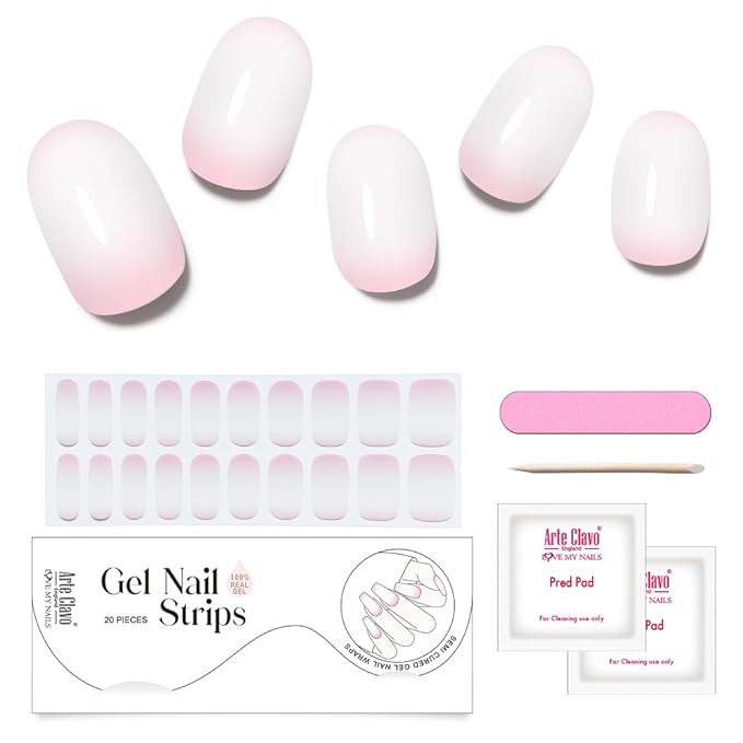 Arte Clavo Semi Cured Gel Nail Strips, 20 Pcs Gel Nail Stickers with UV Light Required, Salon Quality, Long Lasting, Easy Apply and Remove (White and Pink Gradient)