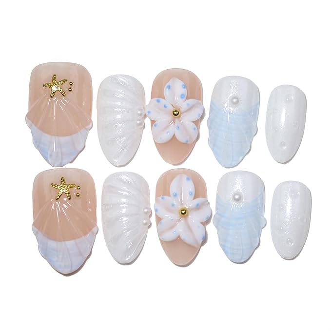 10 Short Almond Handmade Press On Nails | French design with 3D Floral and Seashell | Skip Salon Trips, Easy to Apply & Remove, Reusable (251208, XS)