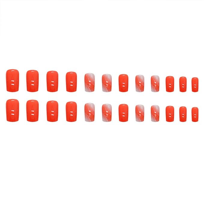 Orange Press on Nails Medium Square Fake Nails Press ons Full Cover False Nails with Design Gold Foil Sequins Glue on Nails Shiny Glossy Acrylic Artificial Nail for Women Manicure 24Pcs