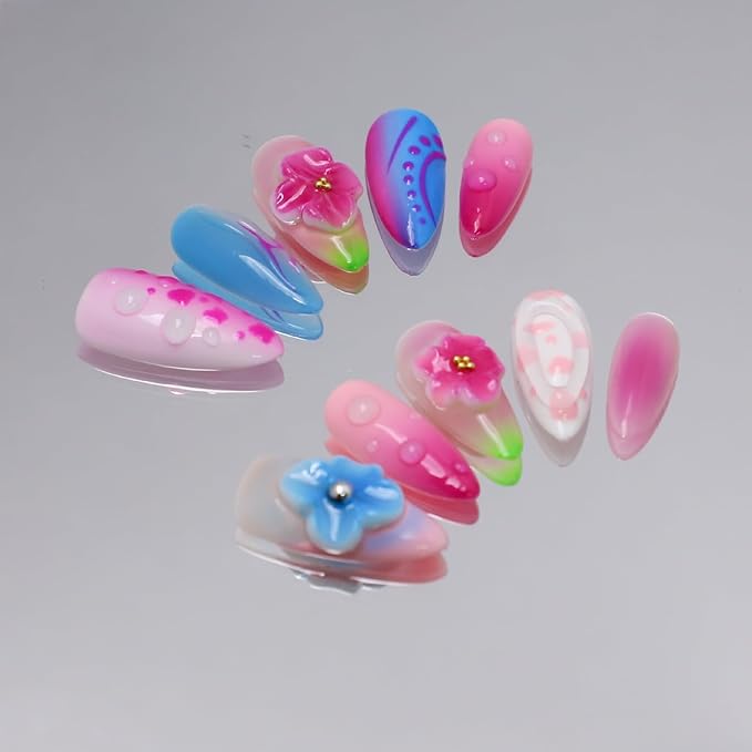 Handmade Almond Press on Nails Thick Fake Nails with Water Droplet Pattern Designs Medium Length Acrylic Nails with Glue,Flower Art Nature Stick on Nail False Nails for Wome (Size S)