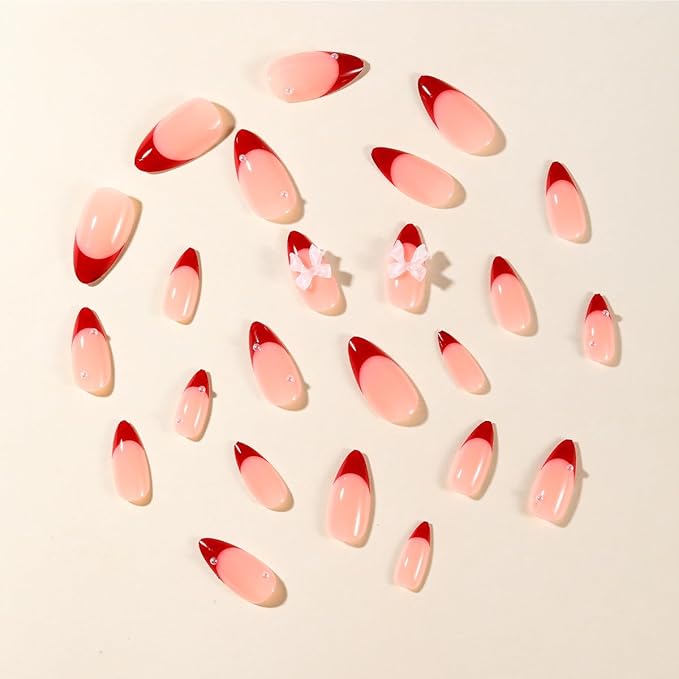 French Tip Press on Nails Medium Almond Fake Nails with Bow Charms Glue on Nails Red French Tips Nails Acrylic Press ons Stiletto Artificial Nails Cute Bow False Nails for Women Manicure Design 24 Pcs