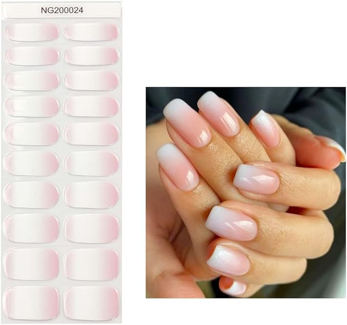 Semi Cured Gel Nail Strips 20 Pcs Gradient Pink Gel Nail Wraps, Stickers, UV Light Required Nail Art Design Decoration Accessories