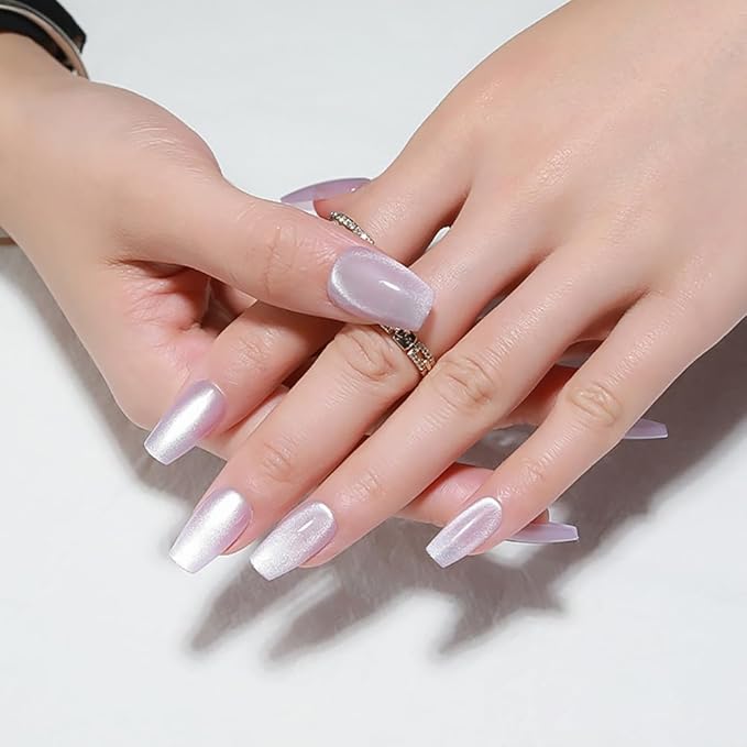 evpct Cat Eye Coffin Press on Nails Square Medium, Medium Square Stick on Nails for Women Gift, Light Lavender Purple Metallic Glitter Glossy Reusable Spring Summer Gel Press on Fake Nail with Designs