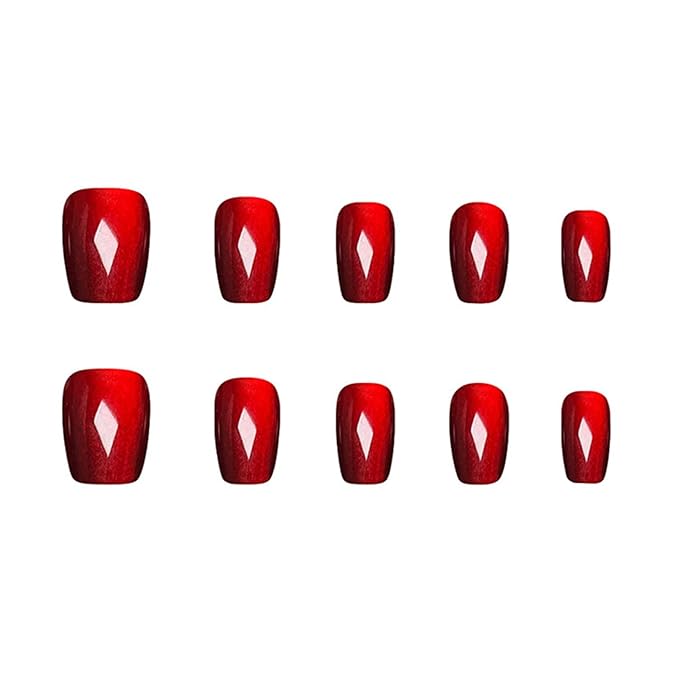 Red Fake Nails Short Cat Eye Press on Nails Wine Red False Nails Press ons Glossy Acrylic Artificial Nails Solid Color Glue on Nail for Women Girls Nail Decoration 24Pcs