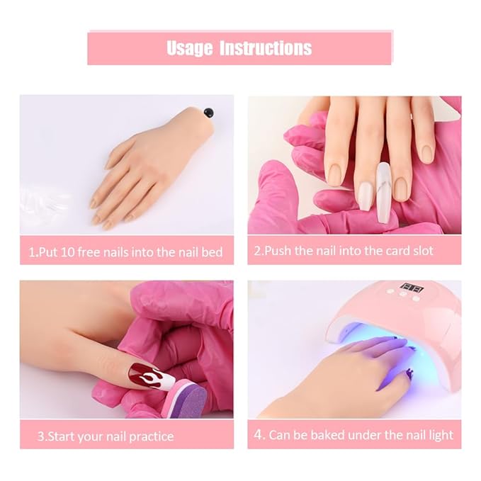Nail Pratice Training Hand for Acrylic Nails with Stand Bracket,Soft Silicone Maniquin Hand, Flexible Bendable Nail Practice Fake Hand for Nails Art Practice Tool