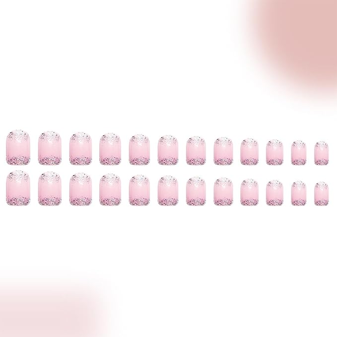 Nude Pink Glitter French Press on Nails Short Square Fake Nails Glitter Gradient False Nails Full Cover Nude Sparkly French Glossy Acrylic Nails for Women and Girls DIY Manicure Decoration 24Pcs