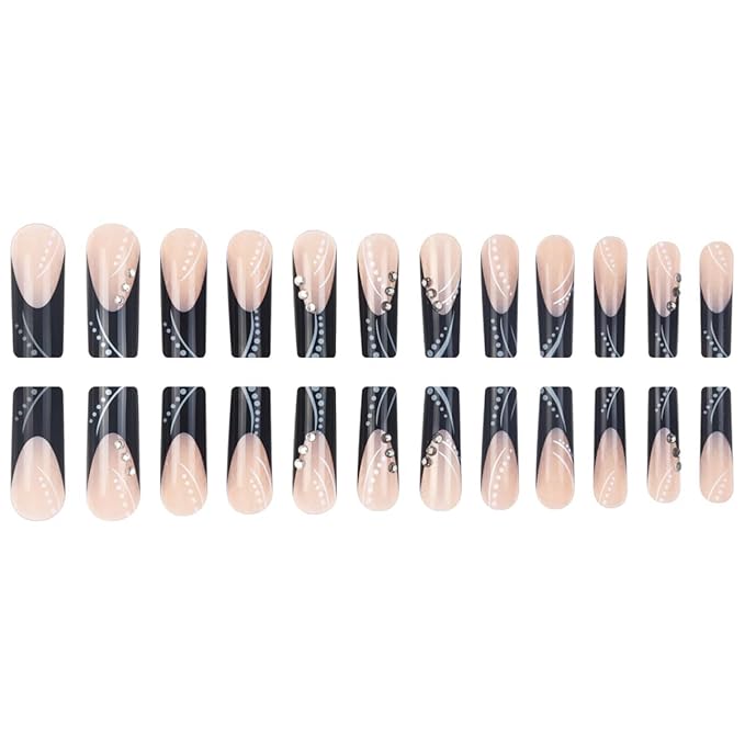 Square Press on Nails Long Black Stick on Nail Tips Nails Press ons with Embossed Charm Press on False Nails for Women 24pcs