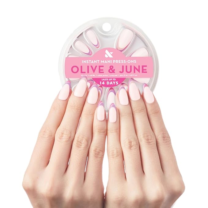 Olive & June Instant Mani Press-On Nails (Glue) | 42 Fake Nails, 21 Sizes | Non-Toxic, Long-Lasting Recycled Materials Realistic Look | Spring Flowers & Patterns | Long, Almond | Double French Twist