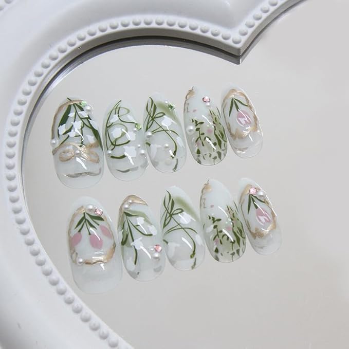 evpct 3D Light Green Handmade Press On Nails Almond Medium, 3D Water Plants Design Fake Nails Rusable for Spring & Summer Daily Wear, False Acrylic Nail with Kits Press ons Nail for Women Gift, 24Pcs