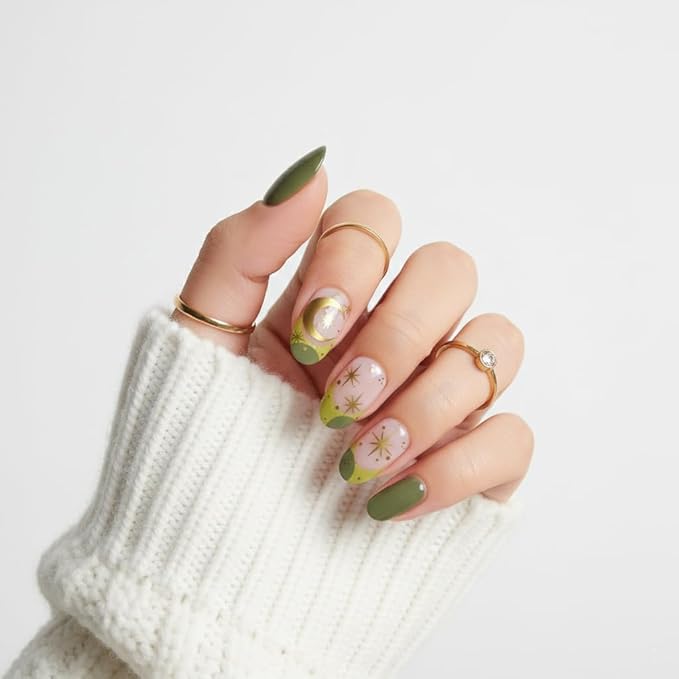 Press on Nails Almond Green Star French Fake Nails French Fake Reusable Nail Kit with Nail Glue Adhesive Tabs Mini Nail File for Women Manicure Art Decoration 24PCS