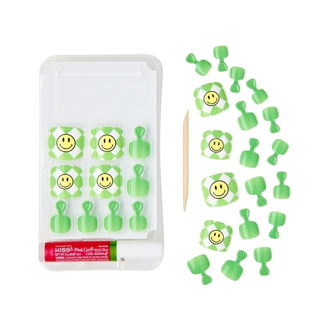 GoldFinger Trendy Press On Fake Toenail Kit Wider Fit, Smile Face Graffiti Print & Green Color, Ready to Wear Gel & Manicure Stick, Mini Glue included, Long-Lasting Convenient & Easy to Apply