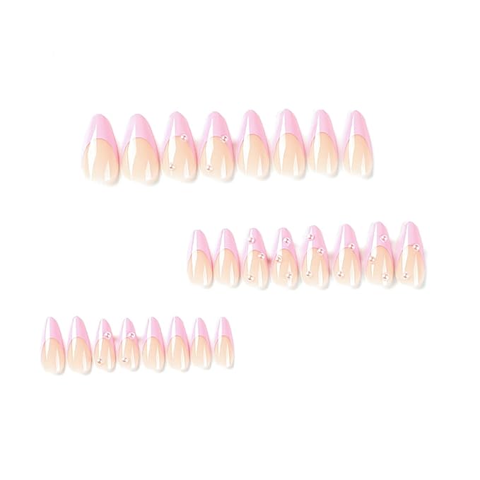 24 Pcs Press on Nails Medium Almond Nude Acrylic Fake Nails French Nails with Pink Nails Tip and Pearl Designs False Nails Spring Summer Stick on Nails for Women