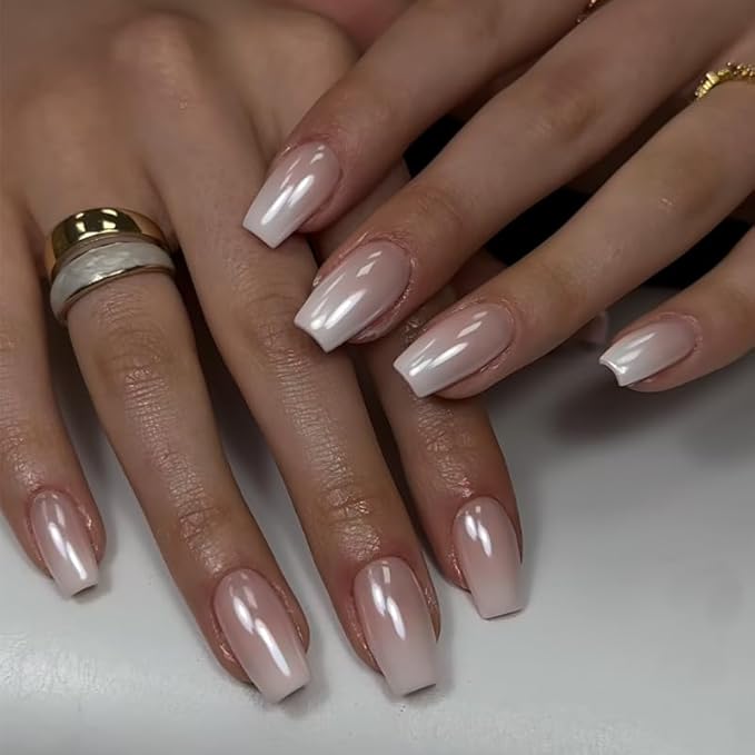 Square Press on Nails Ombre Fake Nails Chrome False Nails Glossy Medium Artificial Acrylic Nail Press ons Full Cover Stick Glue on Nails for Women Manicure Decoration 24Pcs