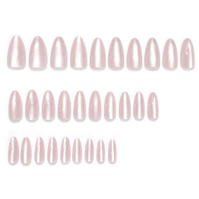 Cat Eye Press on Nails Medium Almond Fake Nails Neutral Nails Press ons with Design,Reusable Artificial Nail Full Cover Stick on Nails for Women Manicure 24Pcs
