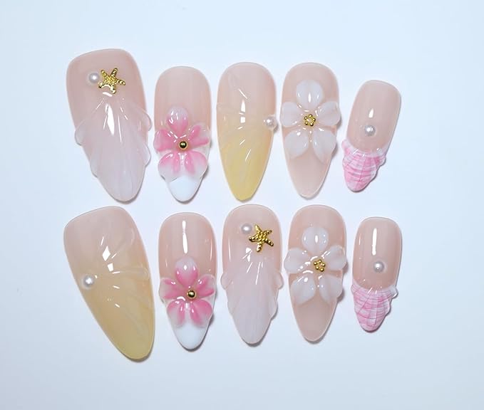 10Pcs Medium Almond Handmade Press On Nails | Nude Pink & Yellow Ombre with Seashell, Starfish, 3D Floral & Pearl Decor | Reusable Salon-Quality Fake Nails for Women and Girls (25901, M)