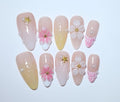 10Pcs Medium Almond Handmade Press On Nails | Nude Pink & Yellow Ombre with Seashell, Starfish, 3D Floral & Pearl Decor | Reusable Salon-Quality Fake Nails for Women and Girls (25901, M)