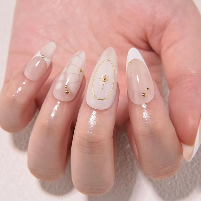 3D French Press on Nails Medium Almond with Bohemian Stars Design, Nude Nail + White Tip Glossy Stick on Nails for Women with Kit, Reusable Soft Gel Stick on Fake Nail with French Design Perfectly Fit