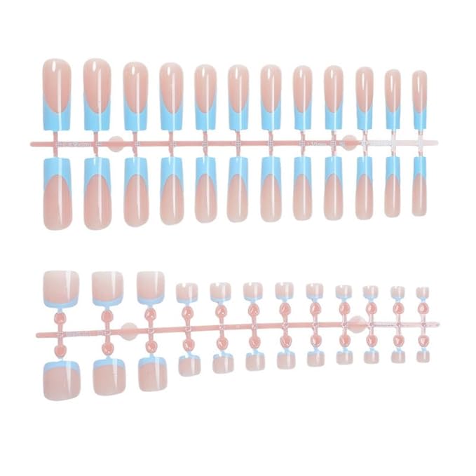 48Pcs Blue French Tips Press on Nails Nude Pink Press on Toenails Medium Long Square Stick on Nails with Designs Full Cover Pink Fake Nails Glossy Summer False Toenails for Women Girls DIY Manicure