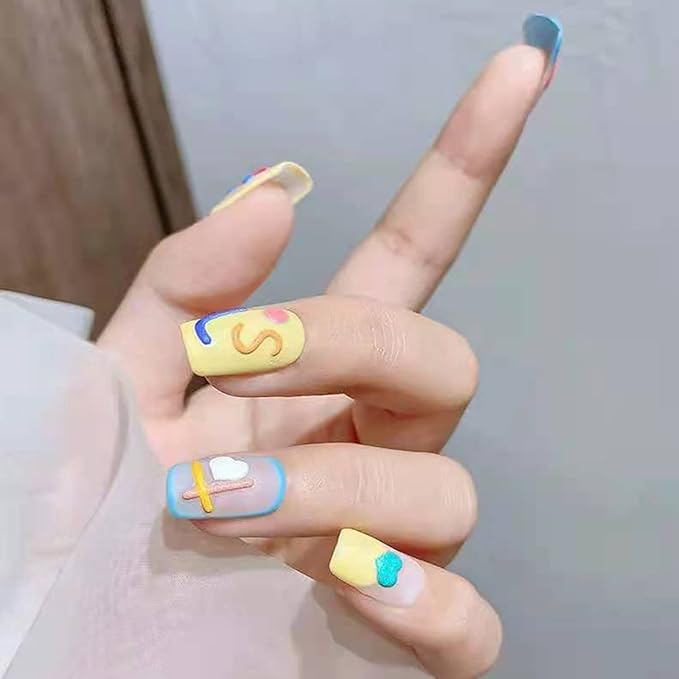 Color Line 5D Stereoscopic Embossed Nail Art Sticker Decal Simple Cute Line Nail Art Sticker Color Graffiti Symbol Pre-Installed Adhesive for Nail Art DIY Design (2 Sheets) + Multifunctional Nail Tweezer (1 Pcs)